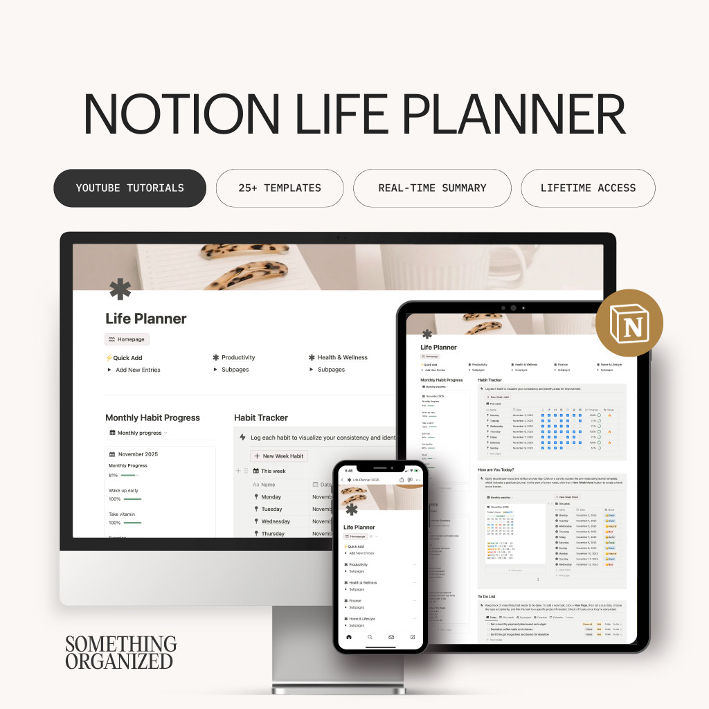 2025 Life Planner Notion Template, Life Dashboard, Habit Tracker, ADHD, Fitness Tracker, Digital Pla