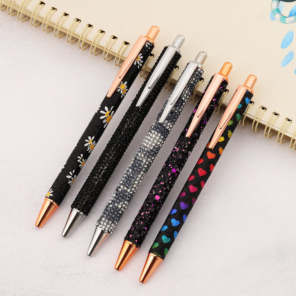 

Lytwtw's Cute Black Press Ballpoint Pen Luxury Kawaii Metal Stationery School Office Supplies 5 Pieces