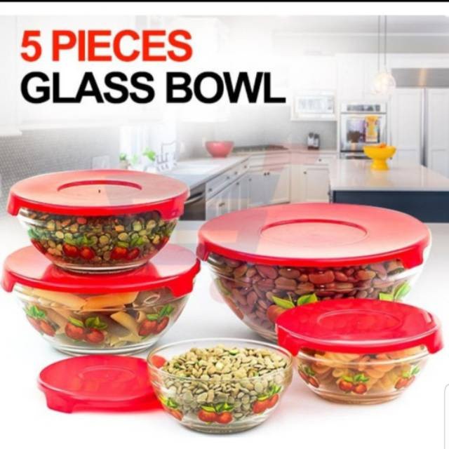 [ COD ]  Mangkuk Mangkok kaca Plus Tutup Set 5pcs / Bowl Glass Set 5Pcs / Mngkuk Kaca Beranak 5pcs