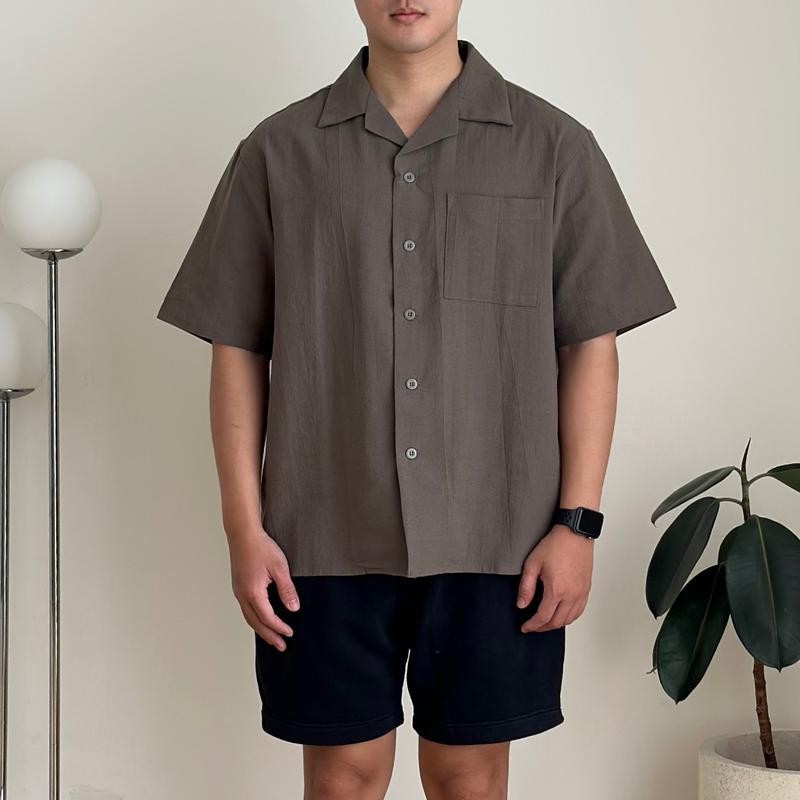 KEMEJA CUBAN BOWLING | Shirt Linen Premium | Kemeja Bowling Kerah Terbuka Lengan Pendek Baju Dark Gr