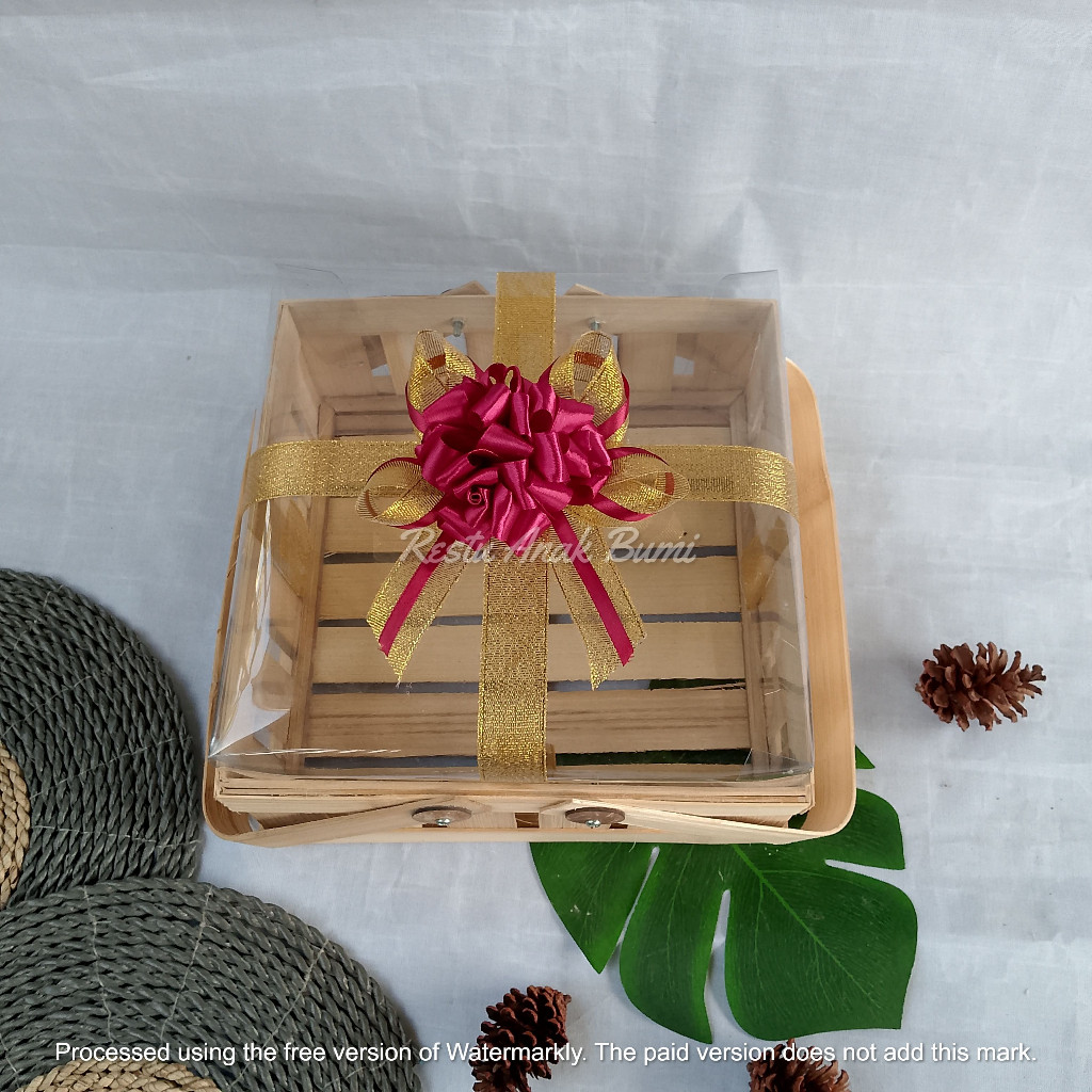 (Imlek Series) Keranjang Mika Tinggi (KMT) 25cm, 30cm Pita | rantang kotak anyaman bambu | wadah ham