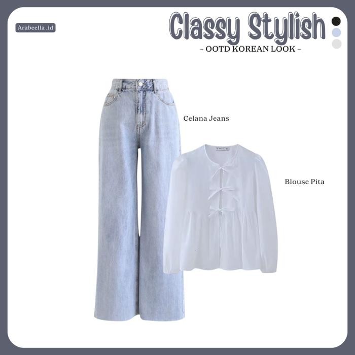 RAMADHAN SALE Setelan Wanita Classy, Celana Jeans, Blouse Pita, Bella Square, Oneset Korean, Ootd Hi