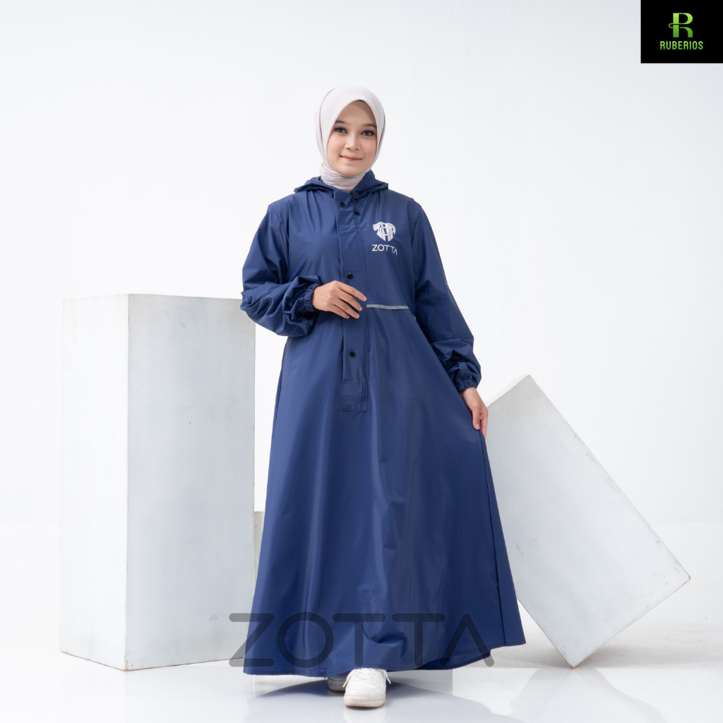 ZOTTA Jas Hujan Gamis Wanita Muslimah Warna Biru Navy Bahan Tebal Anti Rembes