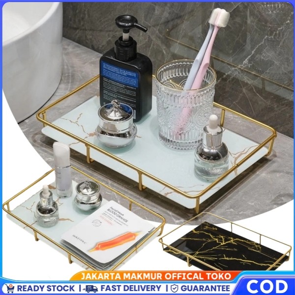 Marble Nampan Kaca Persegi / Pajangan Nampan Estetik / Multifungsi Kotak Baki Wadah Perhiasan Rumah 