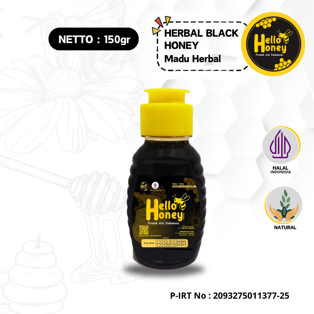 

Hello Honey - Madu Hitam Pahit Herbal Asli 150 Gram - Herbal Black Honey Produk Lokal