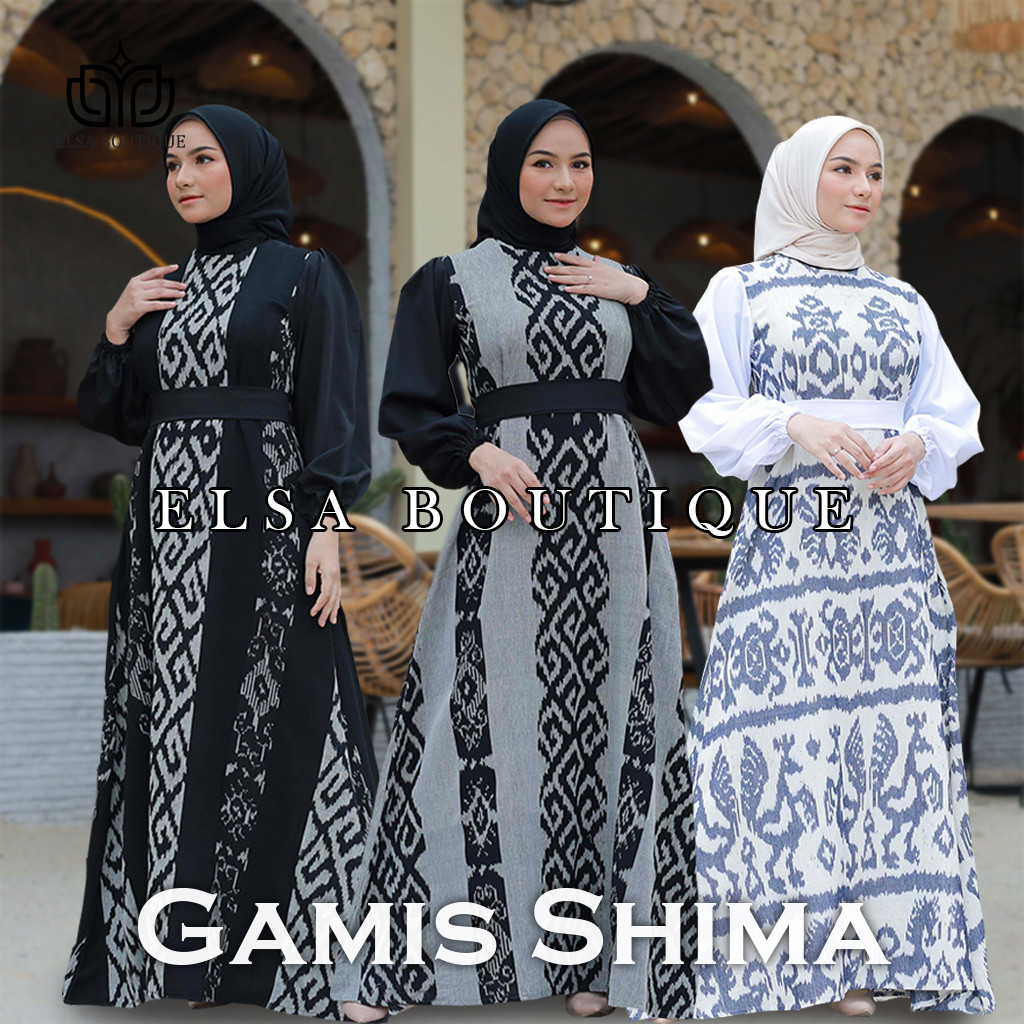 Gamis shima tenun troso, busana kondangan, couple prewed, gamis pesta ethnic, baju lebaran, gamis ko