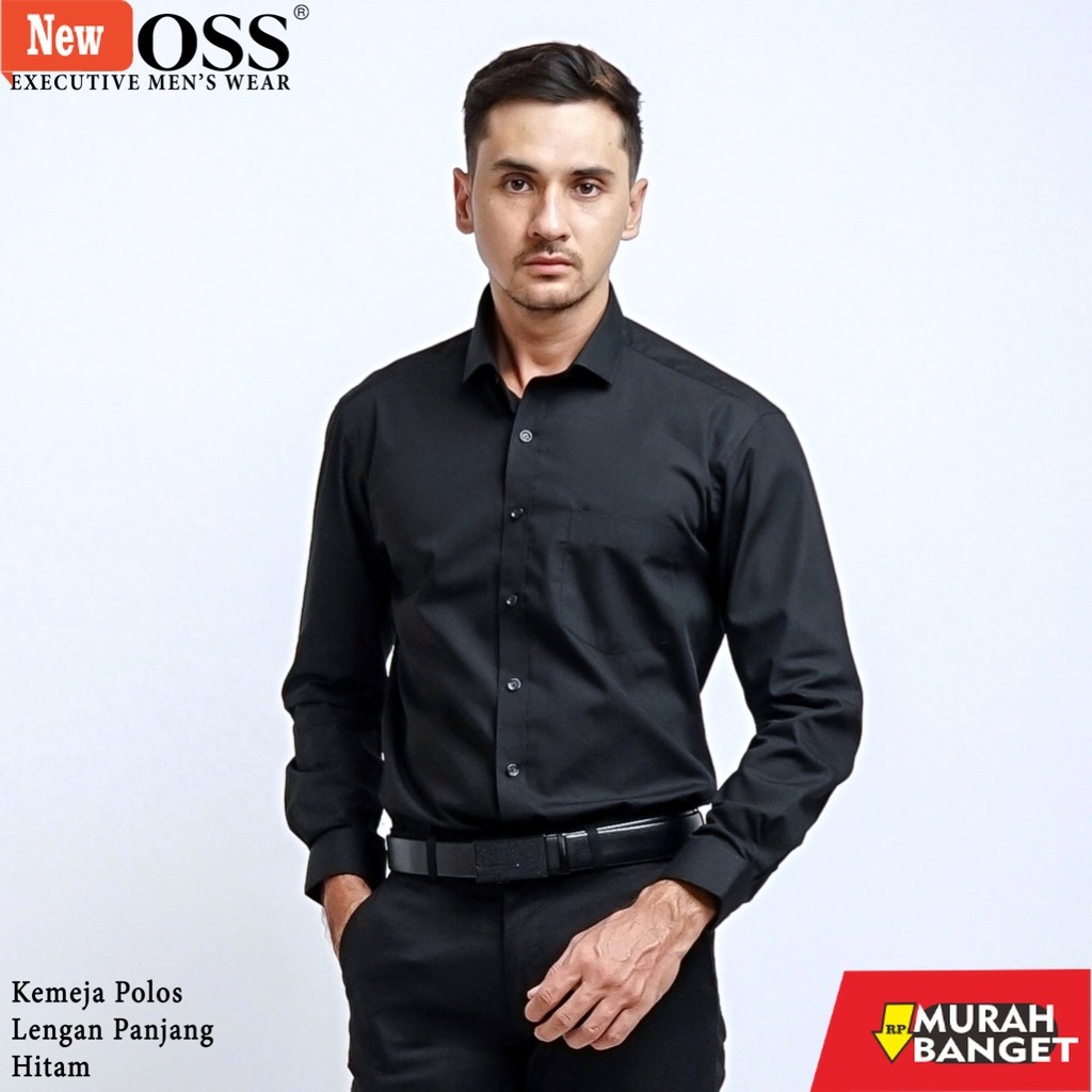 Kemeja formal pria BOSS Kemeja Polos Pria Lengan Panjang Hitam