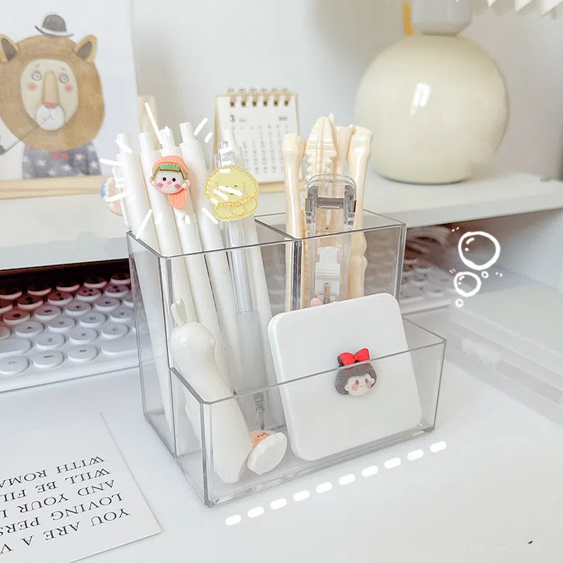 

Transparent 3 Grids Pen Holder Box Make Up Brush Bucket Cosmetic Organizer Student Desk Pen Container Storage Box