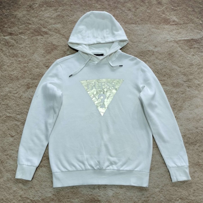 pullover hoodie putih GUESS big logo size L sweater jemper casual murah bagus size L