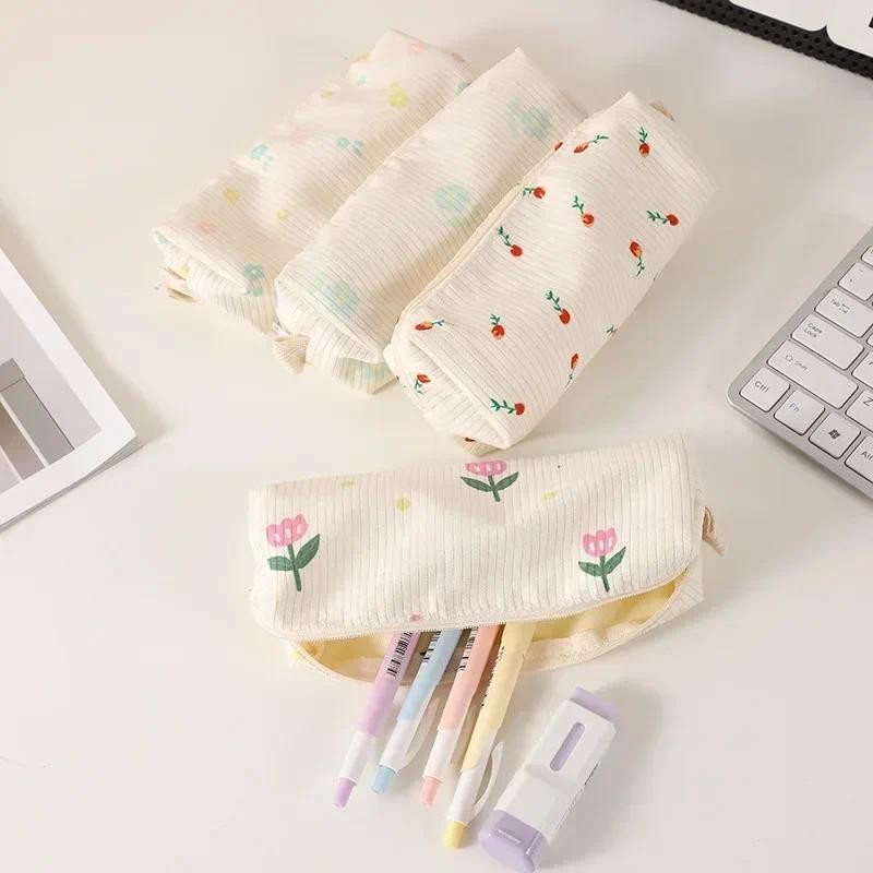 

1 Piece Ins Simplicity Pencil Case for Kids Chic Cute Daisy Tulip Floal Pencil Pouch Portable Corduroy Stationery Storage Bag