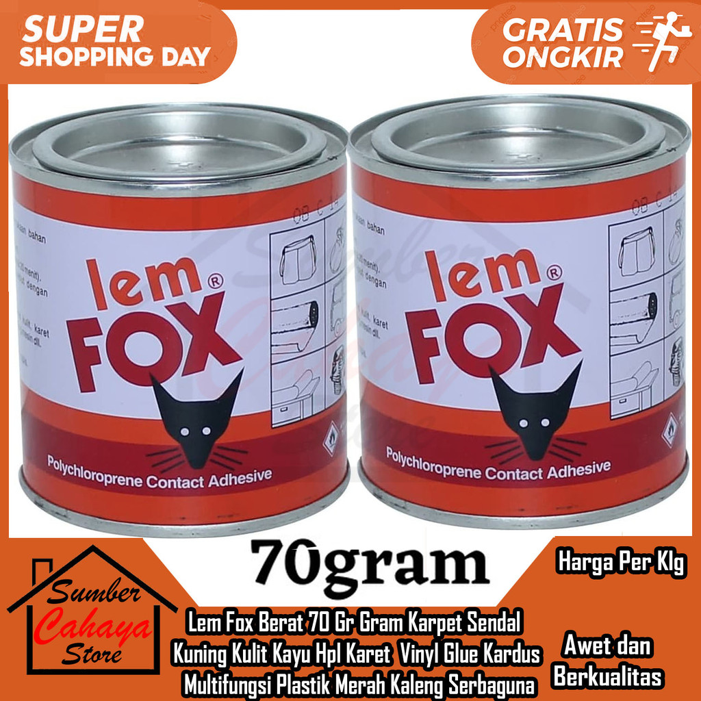 Fox Lem Serbaguna Merah Kuning 70 Gram Karpet Sendal Pelastik Glue Perekat Tape Kulit Kayu Hpl Karet