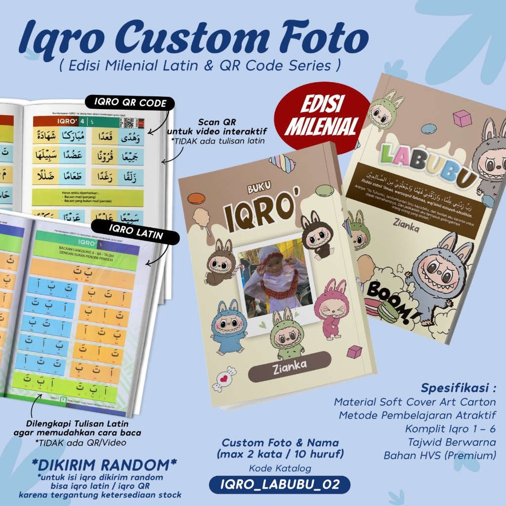 IQRO MILENIAL ANAK CUSTOM DESAIN LABUBU / BUKU IQRO MILENIAL TAJWID BERWARNA SOFTCOVER LENGKAP IQRO 