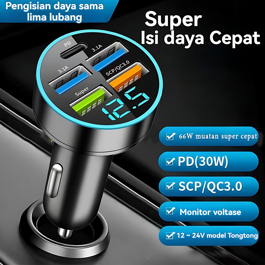 Charger Mobil 4USB Auto Tampilan LCD Ganda 66W Fast Charger Mobil Charger Charger Mobil
