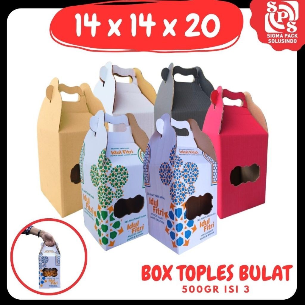 

Box Jinjing 14x14x20 Gable Box Kuker (KUKER 500GR isi 3 Toples ) Kardus Kue Kering Bulat Lebaran/hampers idul fitri/Ied Mubarak/Eid Mubarok MEDIAKIT