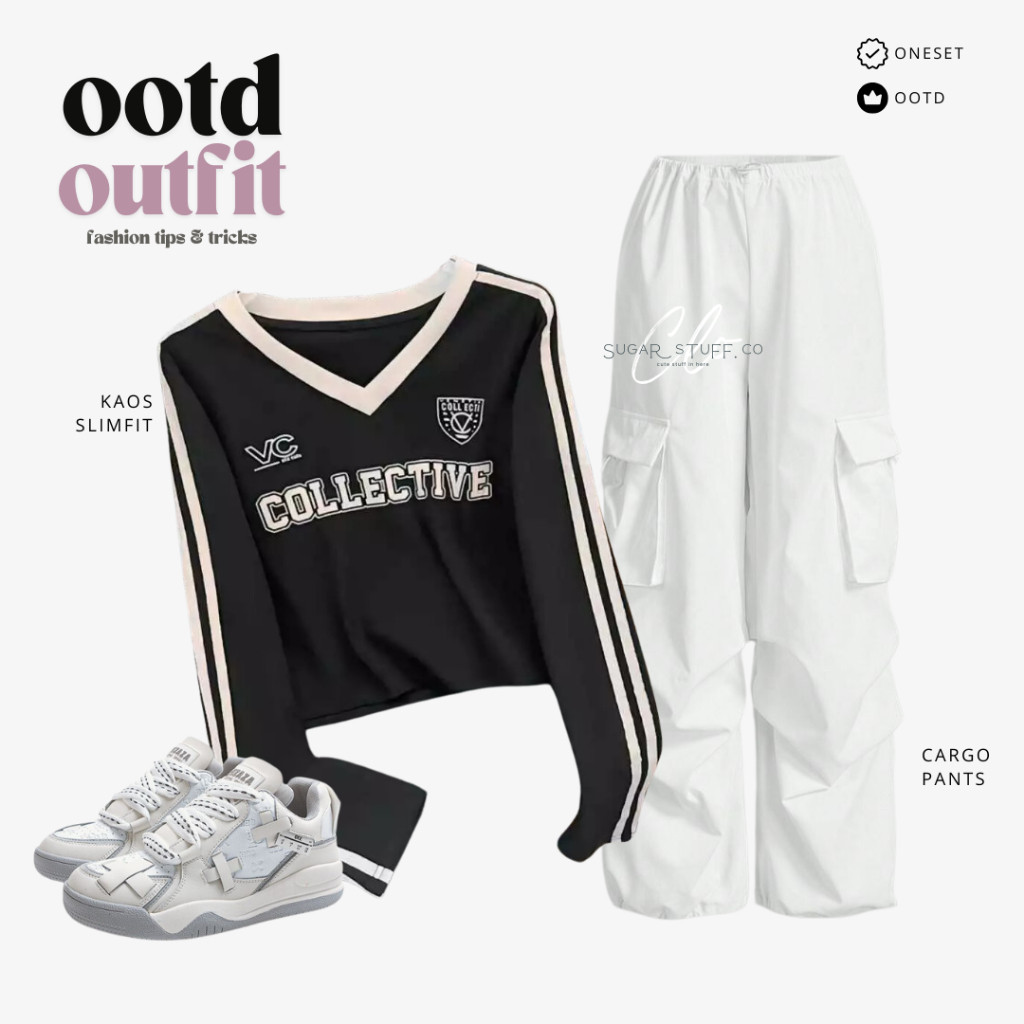 OOTD Oneset Korean Style Hoodie Sweater Setelan Wanita Remaja Celana Cargo Putih Outfit Casual