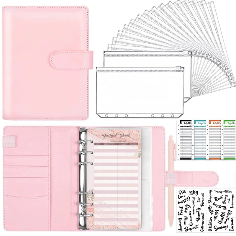 

2024 New PU Leather Notebook A6 Binder DIY Planner Organizer 8 Zipper Pockets 12Pcs Budget Sheet 2Pcs French Alphabet Stickers