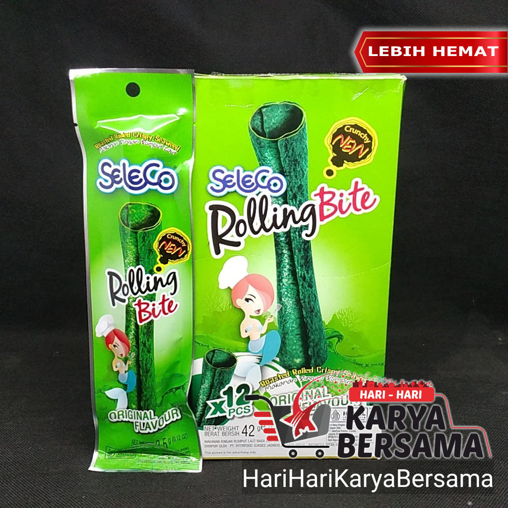 

MAKANAN RINGAN SELECO CRISPY SEAWEED ROLLING BITE ORIGINAL BOX 12'S X 3.5GR