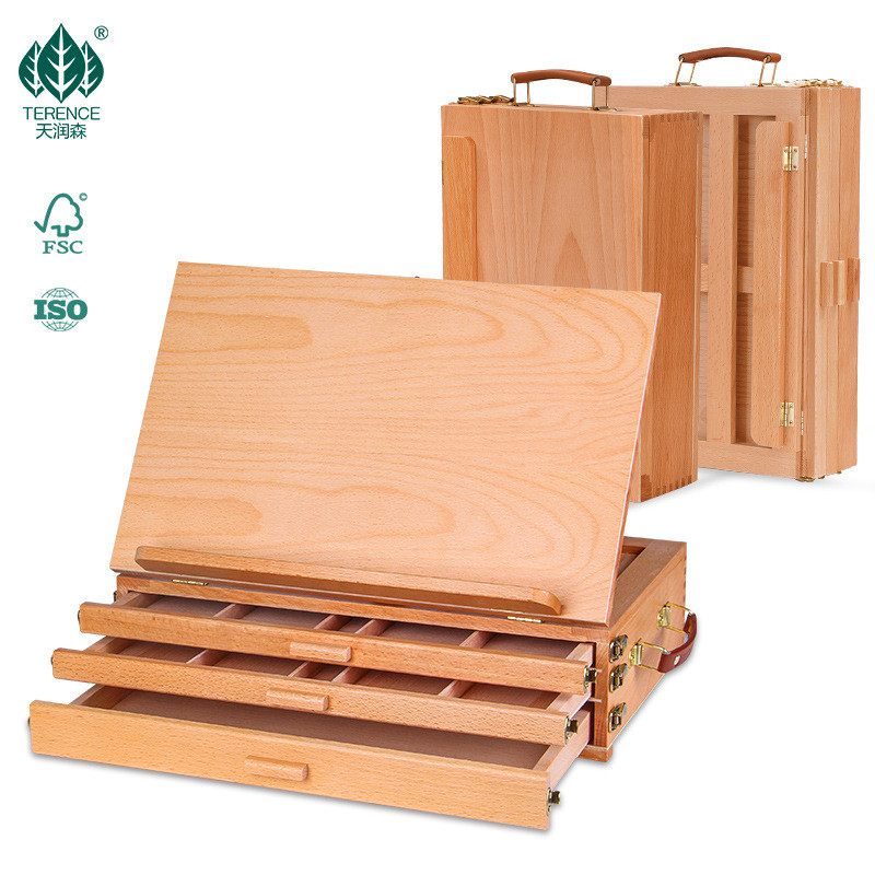 

Easel Desktop Brush Painting Storage Box Stand Type Multifunctional Wooden 3 Layer Drawer Paint Tool Folding