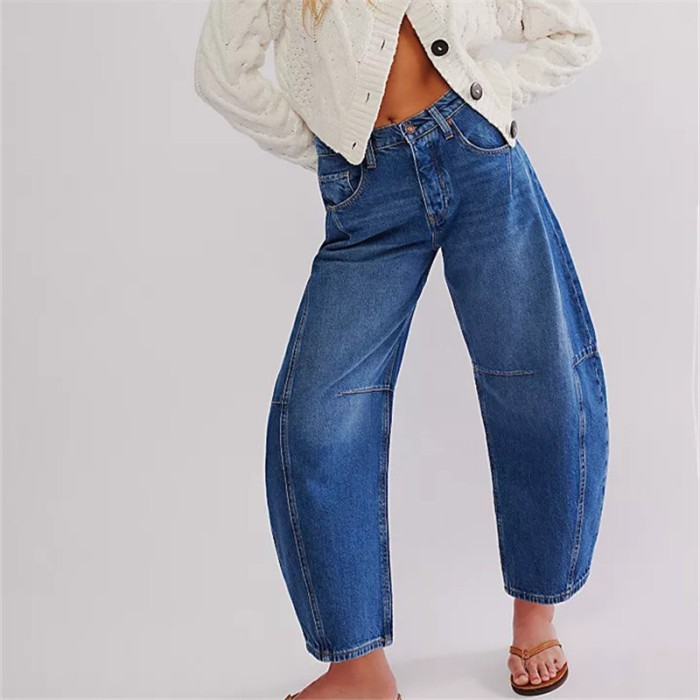 Barrel Jeans Women Casual Baggy Wide Leg Horseshoe Denim Pants Y2k Boyfriend Vintage Tapered Jeans M