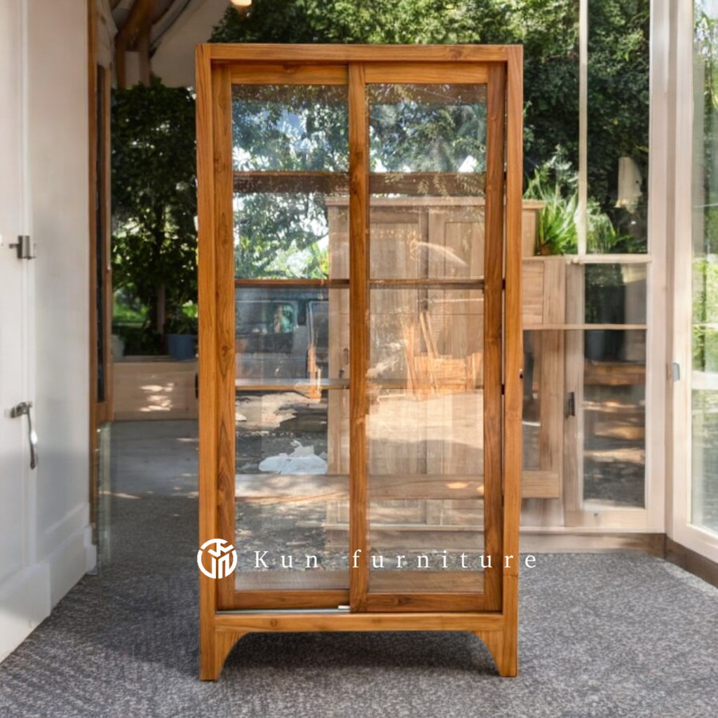 lemari pajangan kaca minimalis lemari hias kayu jati pintu sliding