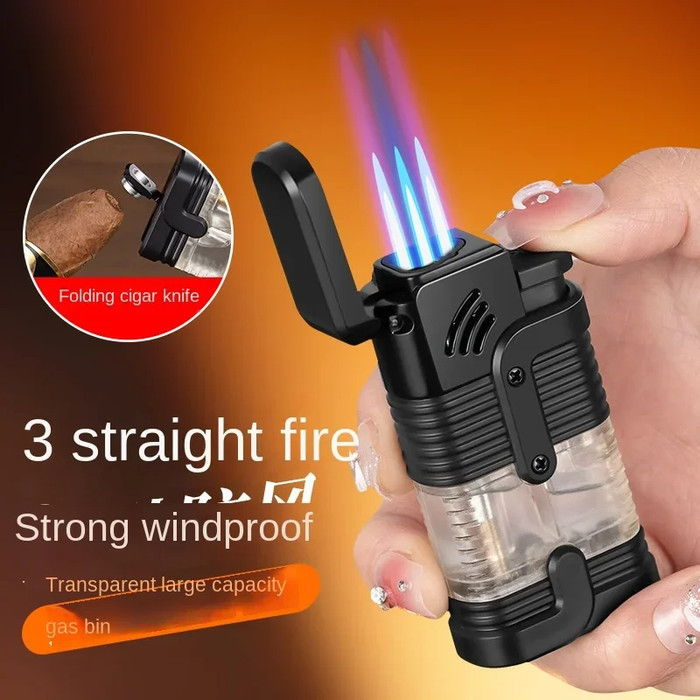 Korek Api Gas 3 Burner Super Besar Metal Windproof Triple Jet Flame Gas Lighter Transparent Fuel Tan