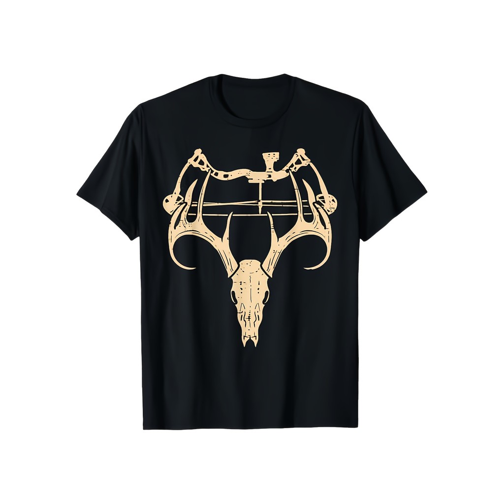 T-shirt pria motif tengkorak rusa panahan  katun murni  sablon panas  desain kombinasi hitam emas  r