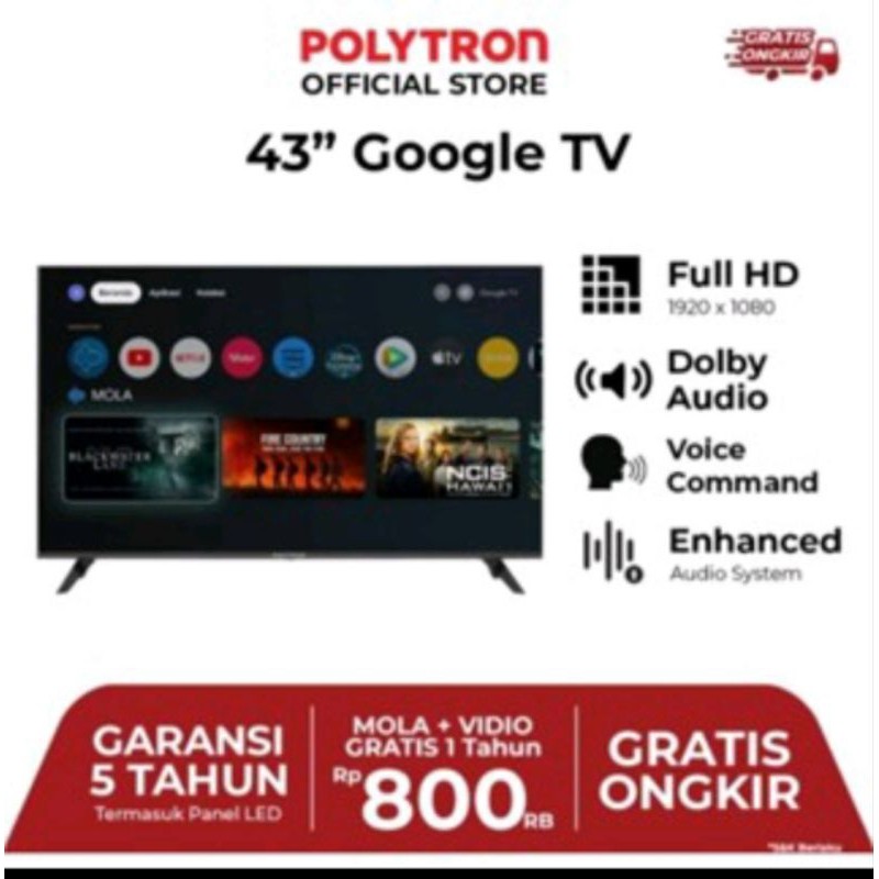 LED tv Polytron 43 inc android google tv/ LED TV Polytron 43RG