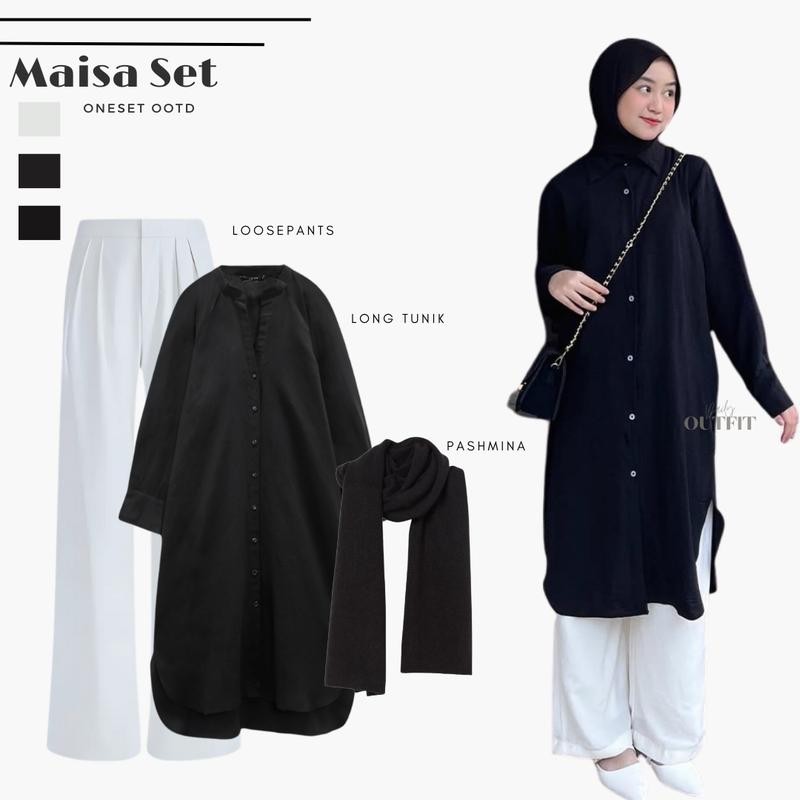 Outfit Wanita Hijab Kekinian ( Tunik + Celana Kulot + Pashmina ) One set OOTD Lebaran - Maisa