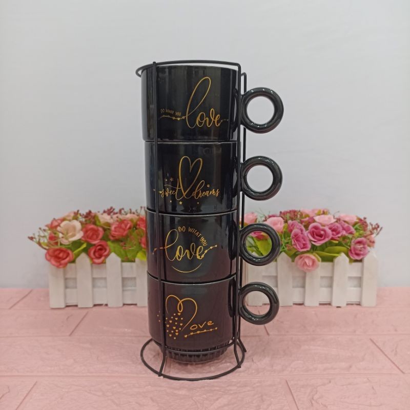 Mug 4 Susun Keramik Hitam Motif Love Tebal