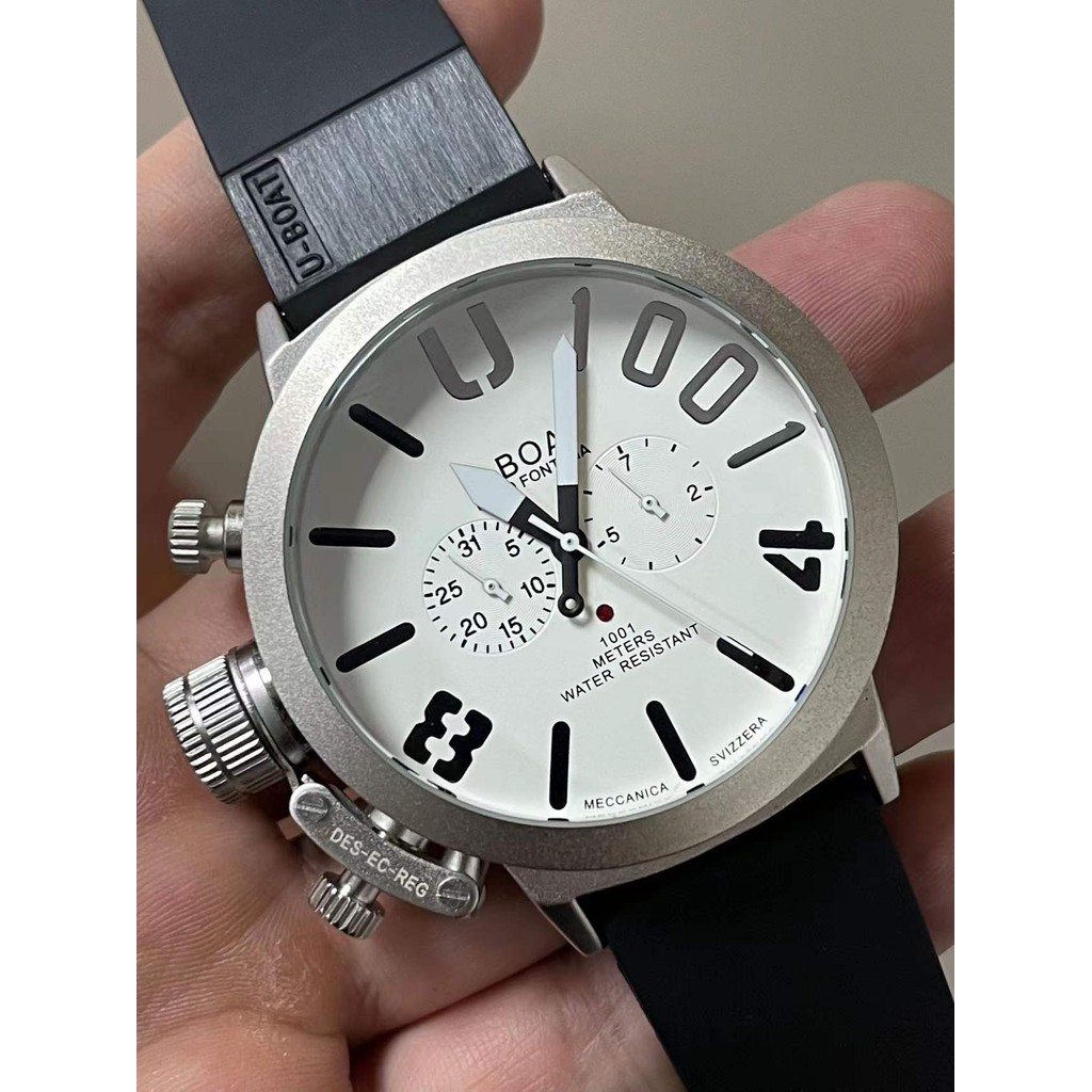 Mens Mechanical Automatic U Black Wristwatch Stainless Steel Rubber White Blue Left Hook Big Boat Wa