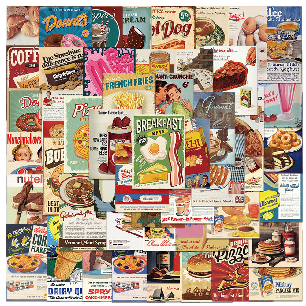 

50pcs Aesthetic Vintage Food Stickers Cartoon Pizza Milk Coffee Burger Snack Stickers Laptop Luggage Guitar Diary Vinyl Decals