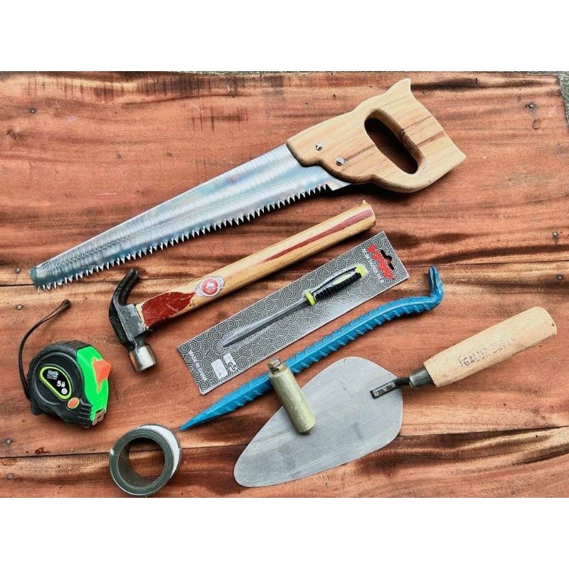 1 Paket Tukang Lengkap - Gergaji kayu baja asli - Kikir gergaji - linggis cukip paku- cetok semen- m
