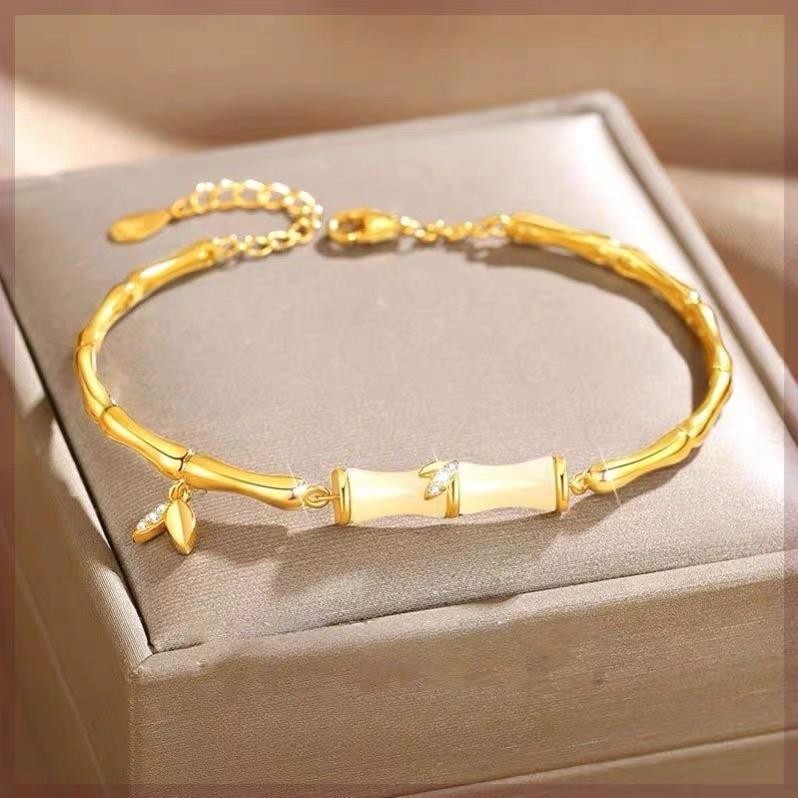 Grand Pretty Gelang Ruas Bambu Giok Hetian Lapis Emas 18K Wanita Elegant Anti Karat Titanium Asli Pe