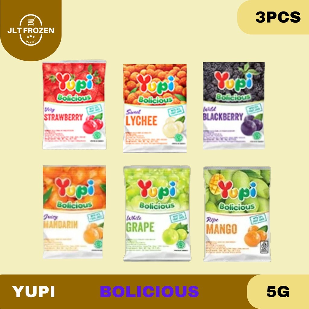 

Yupi Bolicious / Jeli Lunak / Permen Sari Buah / Kenyal / Leci / Strawberry / Blackberry / Orange / Mangga - 3 PCS