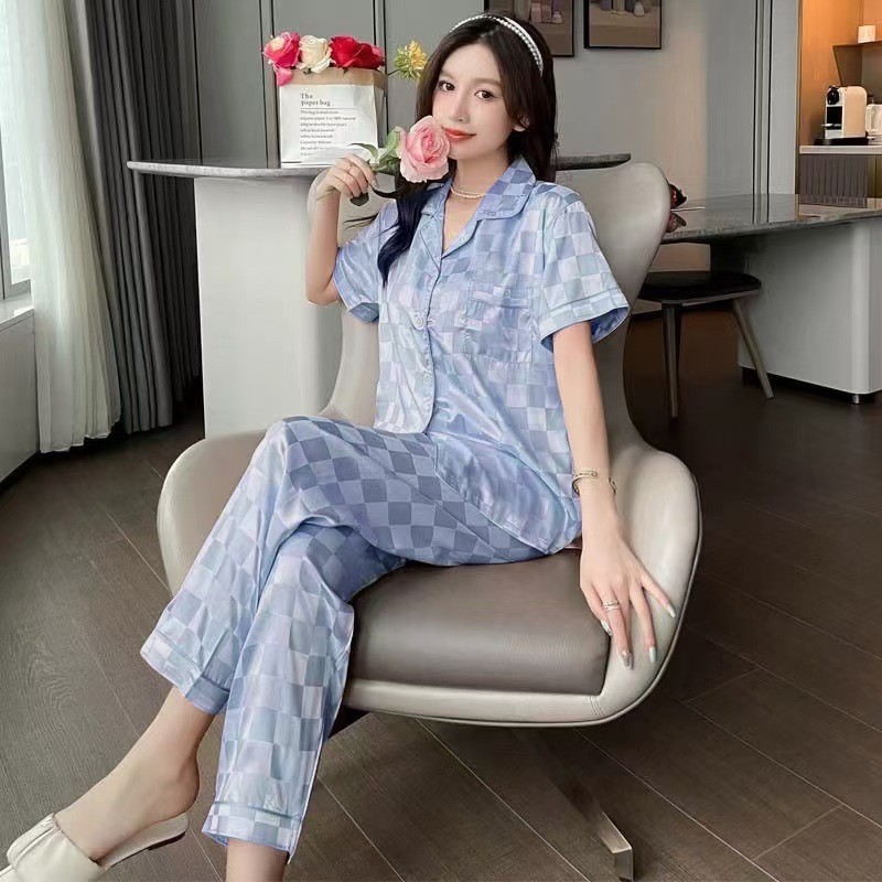 Baju Tidur/ Piyama wanita sutra es / piyama lengan pendek kotak-kotak celana panjang/Daster