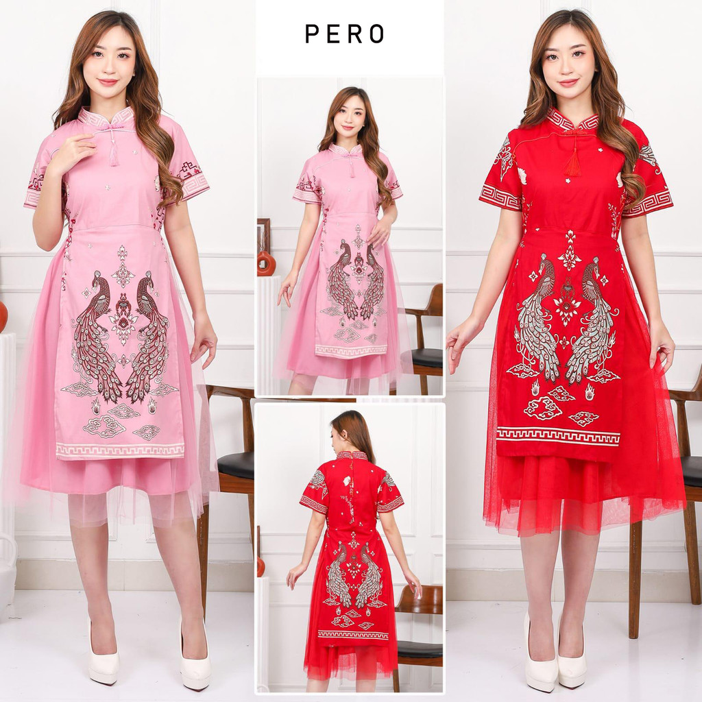 Evercloth Pero Dress Wanita Batik Couple Modern Dress Batik Modern Gaun Pesta Merah
