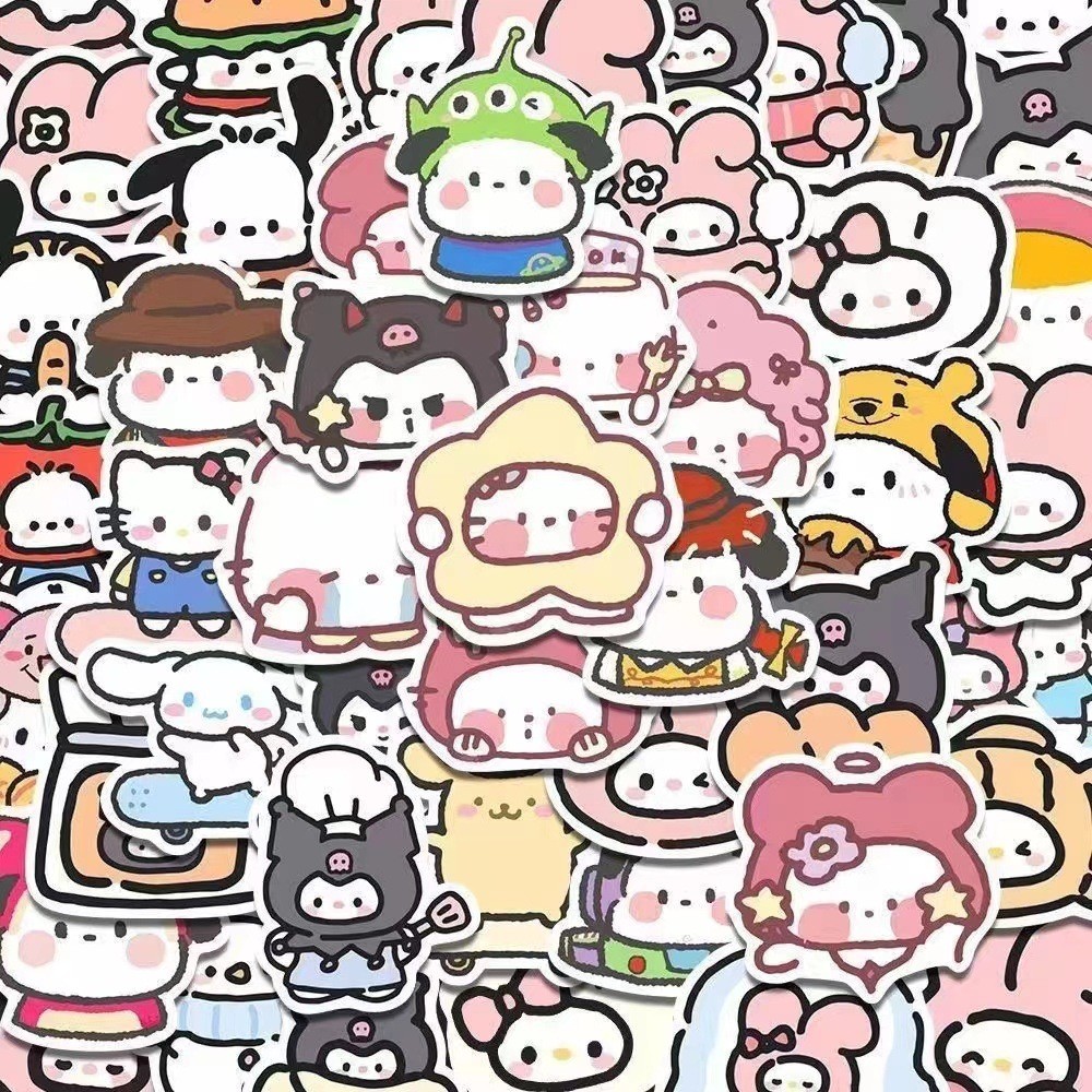 

100pcs Hand-painted Sanrio Stickers Cartoon Cute Notebook Ledger Decoration Stickers Kuromi Cinnamoroll Cross Dressing Stickers