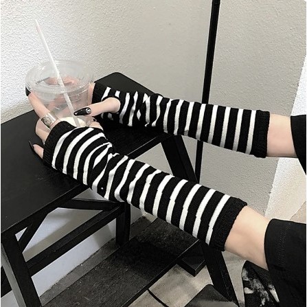 Manset Tangan Jempol Stripe Kawaii Jepang Sarung Lengan Rajut Wanita Winter Fingerless Arm Warmer