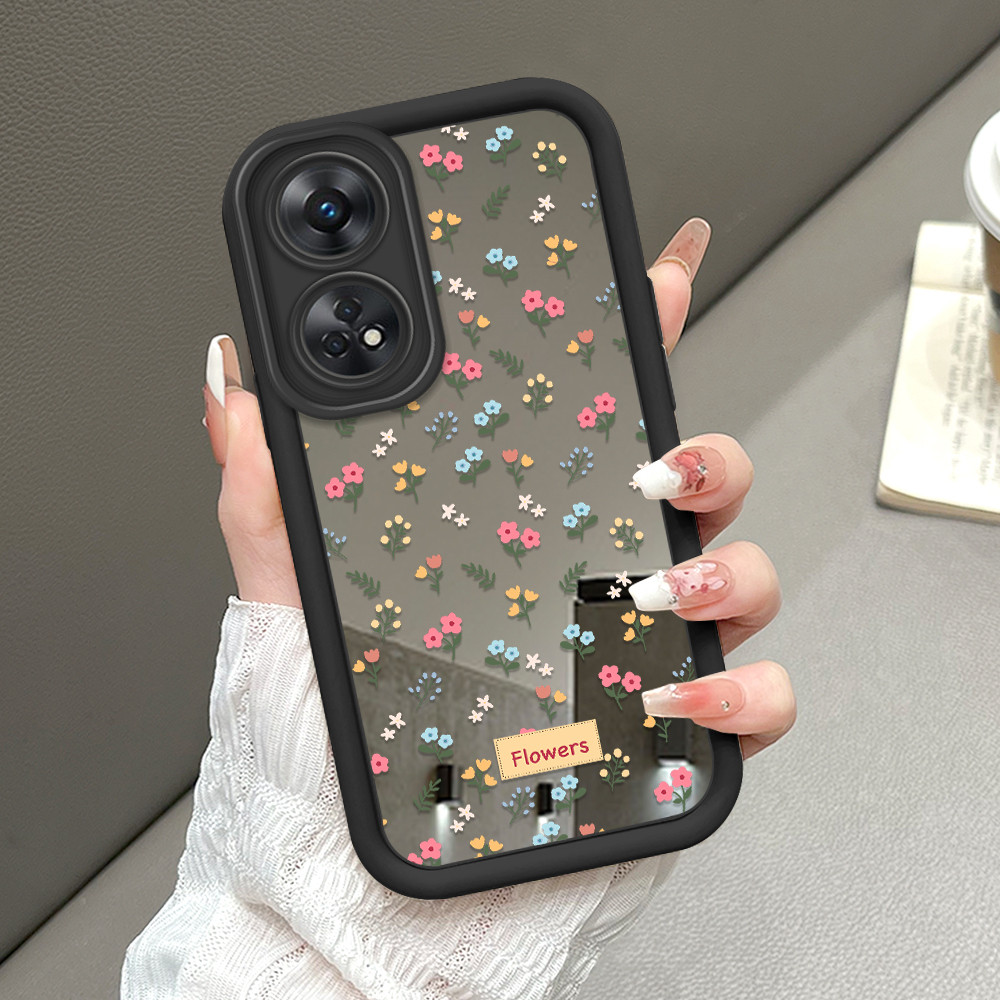 OPPO Reno 8T  Mirror Phone Casing Flower Pattern Soft Silicone Cermin Case Hp Softcase Kesing 8099 J