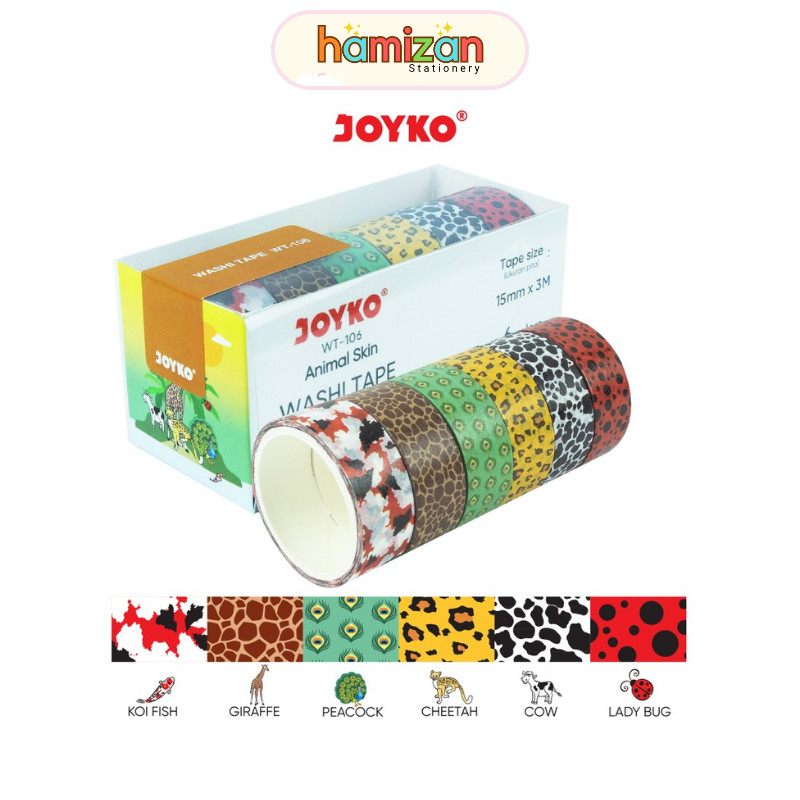 

( 6 pcs ) WT 106 Selotip / Washi Tape / Pita harga per pack hemat berkualitas WT-106 / Washi Tape Pita Perekat Selotip Kertas Warna Joyko WT-106 Animal Skin Joyko Murah Berkualitas