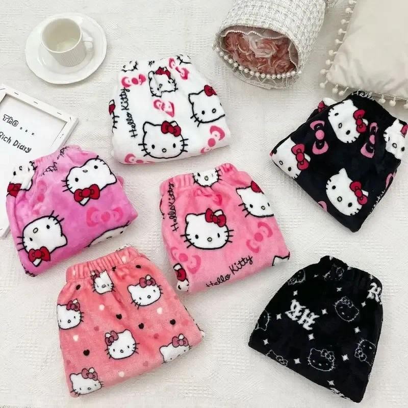 Hello Kitty Y2k Kawaii Anime Flannel Pajamas Women'S Warm Woolen Cartoon Casual Home Pants Autumn Wi