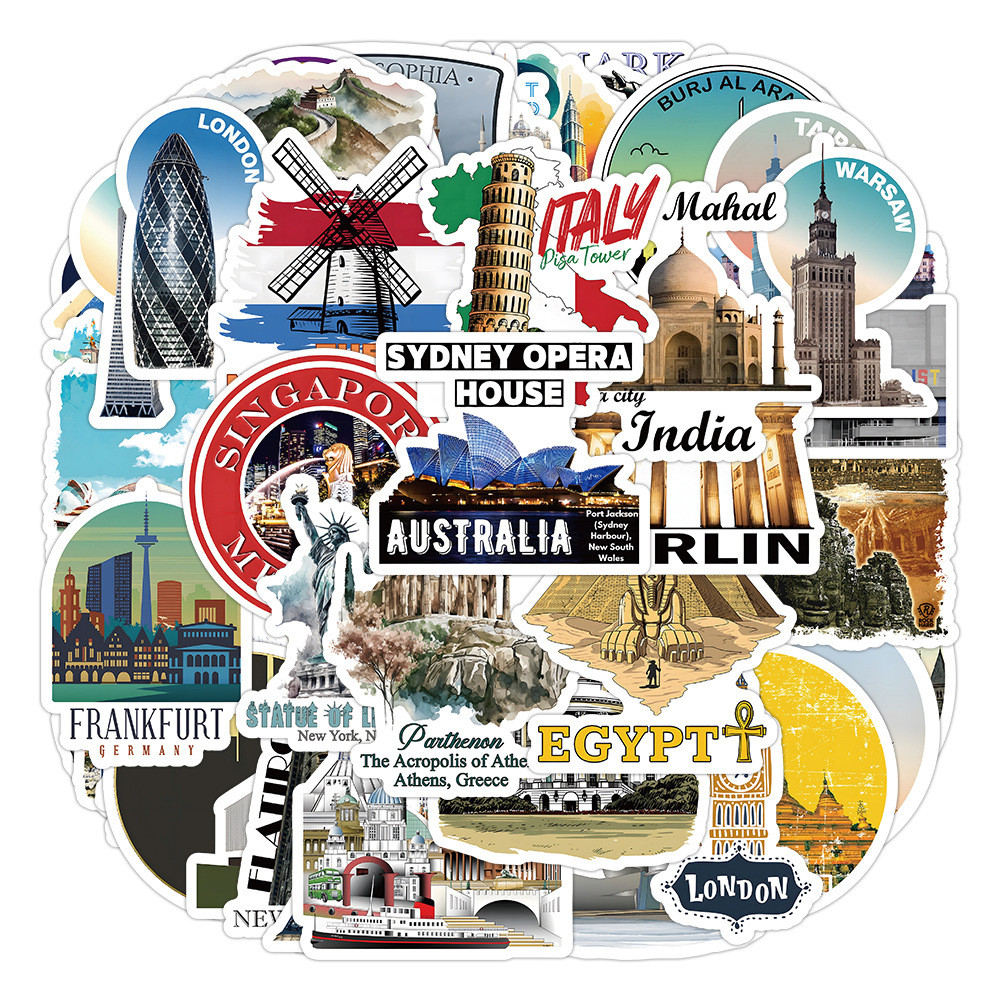 

10/56Pcs Retro World Famous Building Architecture Stickers Travel Landmark Decals DIY Stationary Notebook Suitcase Sticker