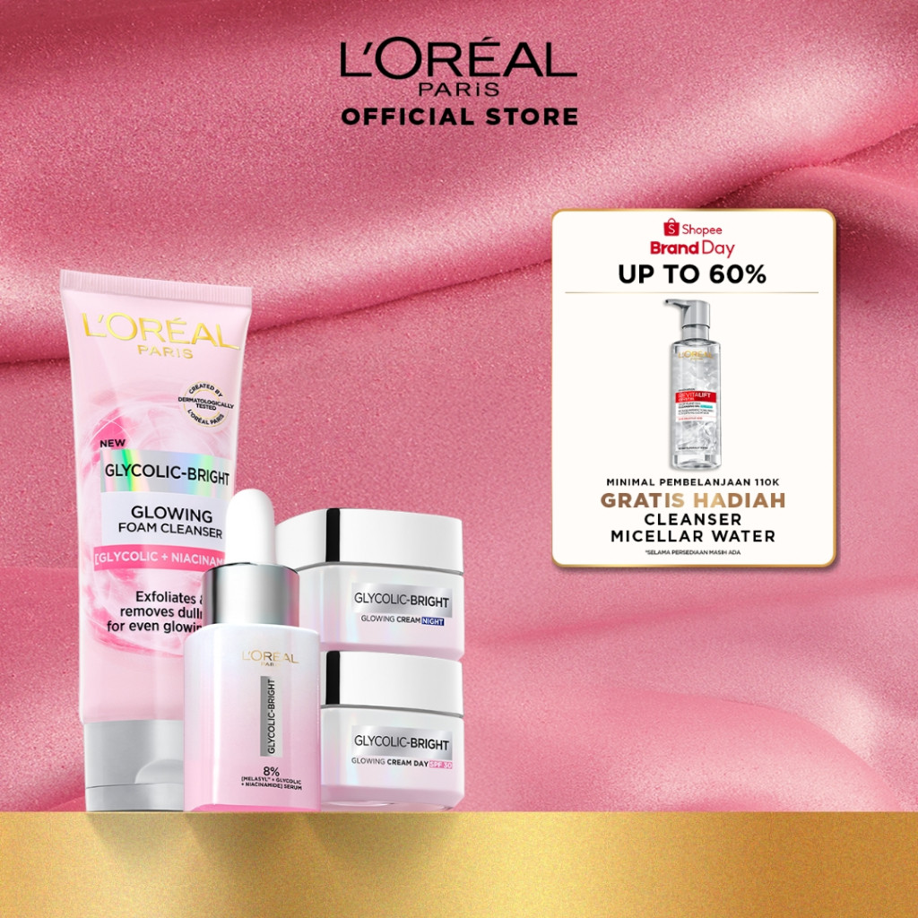 [Loreal Paris]  Glycolic Bright Glowing 4 Pcs Skincare Kit Untuk Mencerahkan: Serum, Moisturizer, Fa