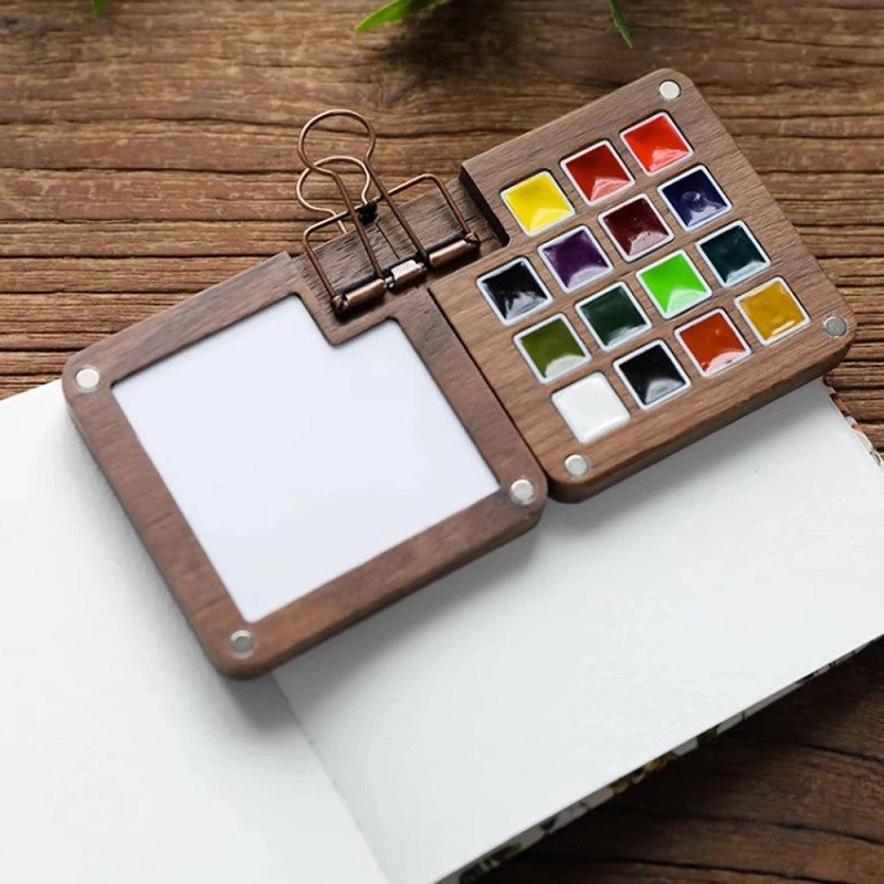 

Art Wooden Watercolor Palette Style Travel Portable Empty Watercolor Acrylic Paint Box Square Tray Box Art Painting Supplie