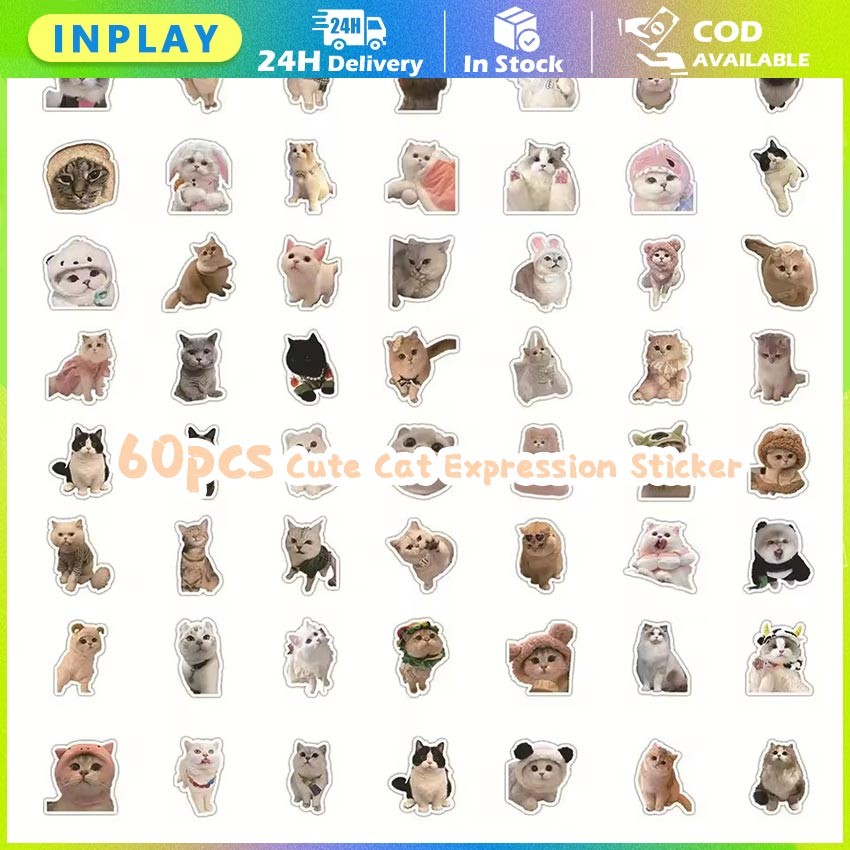 

60PCS Sticker Pack Meme Kucing Aesthetic / Stiker Lucu Tahan Air untuk Laptop, Journal, Koper