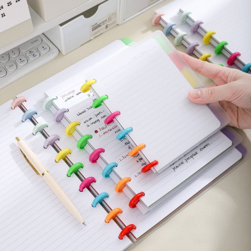 

Colorful Mushroom Hole Buckle Loose-Leaf Notebook, A5, A6, B5 Three Sizes, Transparent Pu Material Waterproof Hard Cover, but Also Conta Content Index Color Separator Pages, Convenient to Find Note Content, with 60 Horizontal Lines ide Pages Per Book, Hig