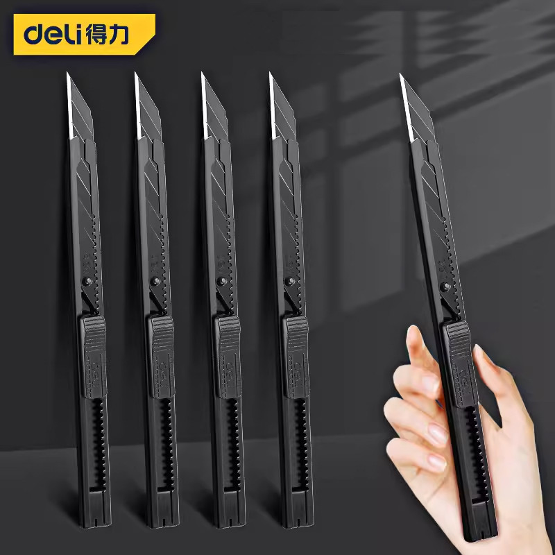 

Deli 9mm Stainless Steel Utility Knife Box Cutter Metal Carbon Steel Black SK5 Blade Cutting for Cardboard,Carpet, Rope,Rubber