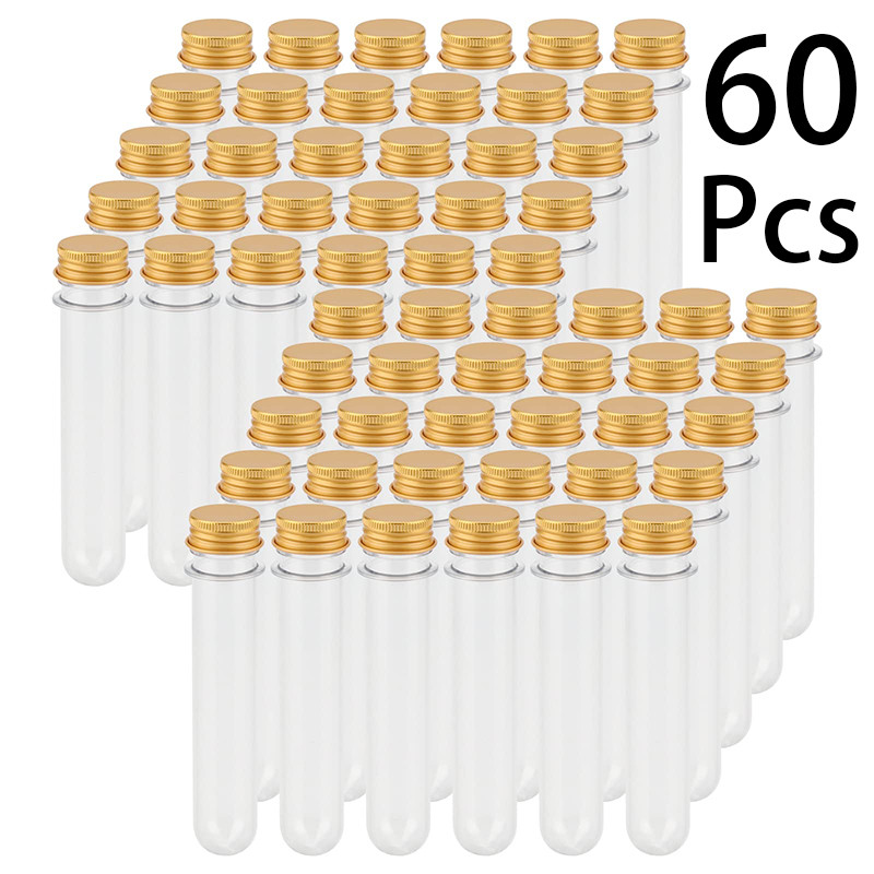 

60Pcs 40ml Clear Plastic Test Tube with Lid, Test Tubes with Gold Screw Caps, Plastic Tubes for Craft Wedding Decor