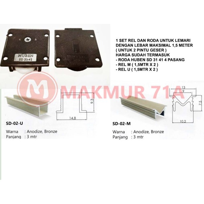 Set Rel dan Roda Lemari sliding untuk 2 Daun pintu / Lemari Geser 3141