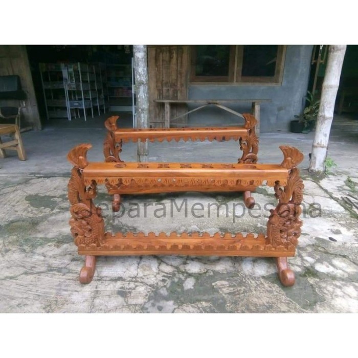 Jagrak Pajangan Pusaka & Pusaka Ukiran Naga Dragon Isi 7 Kayu Jati